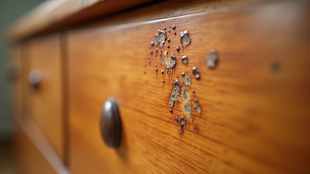 Gros plan sur l'humidité d'un meuble, montrant des taches de moisissure légère sur le bois verni d'une commode