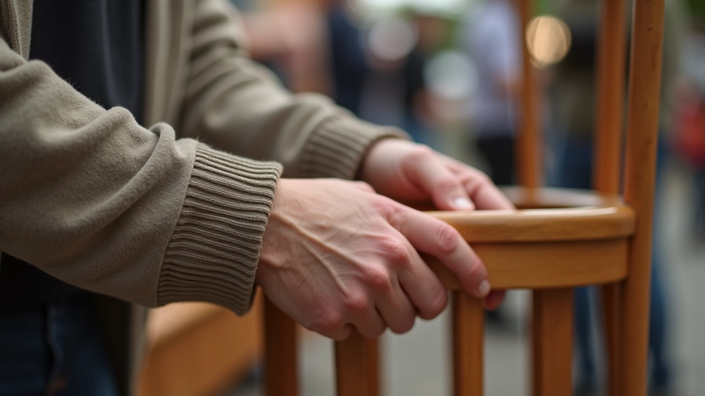 Gros plan des mains d'une femme inspectant les détails d'une chaise vintage, vérifiant la stabilité et l'état du bois à une brocante