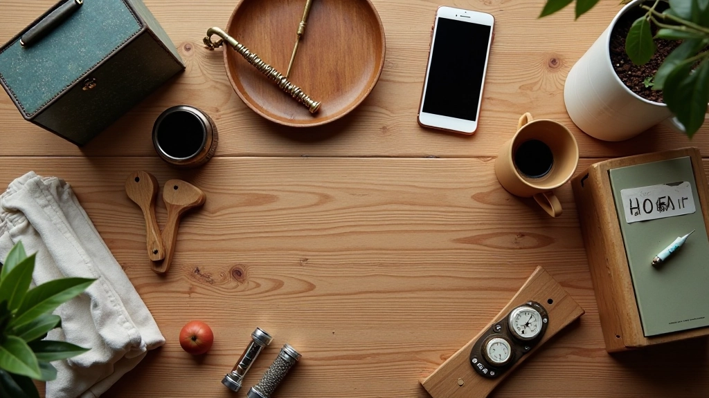 Vue d'ensemble de plusieurs objets d'occasion sur une table : chaise en bois, lampe vintage, petits objets décorés