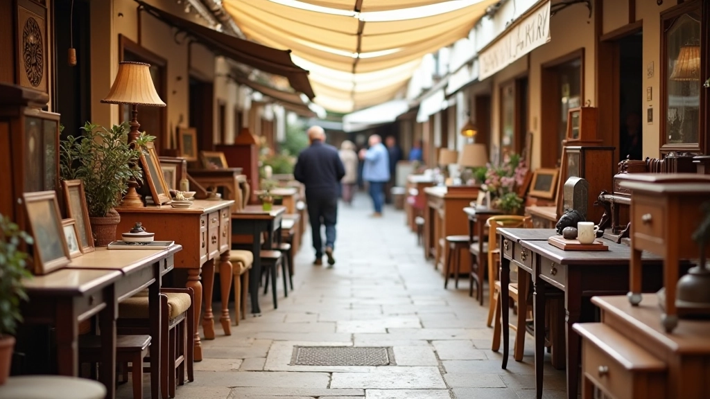 Marché aux puces français avec articles d'occasion exposés