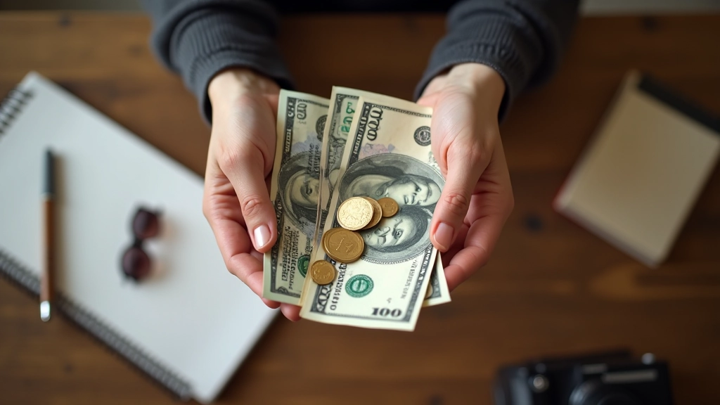 Vue rapprochée de deux mains tenant des billets de monnaie, sur un fond de documents et calculatrice