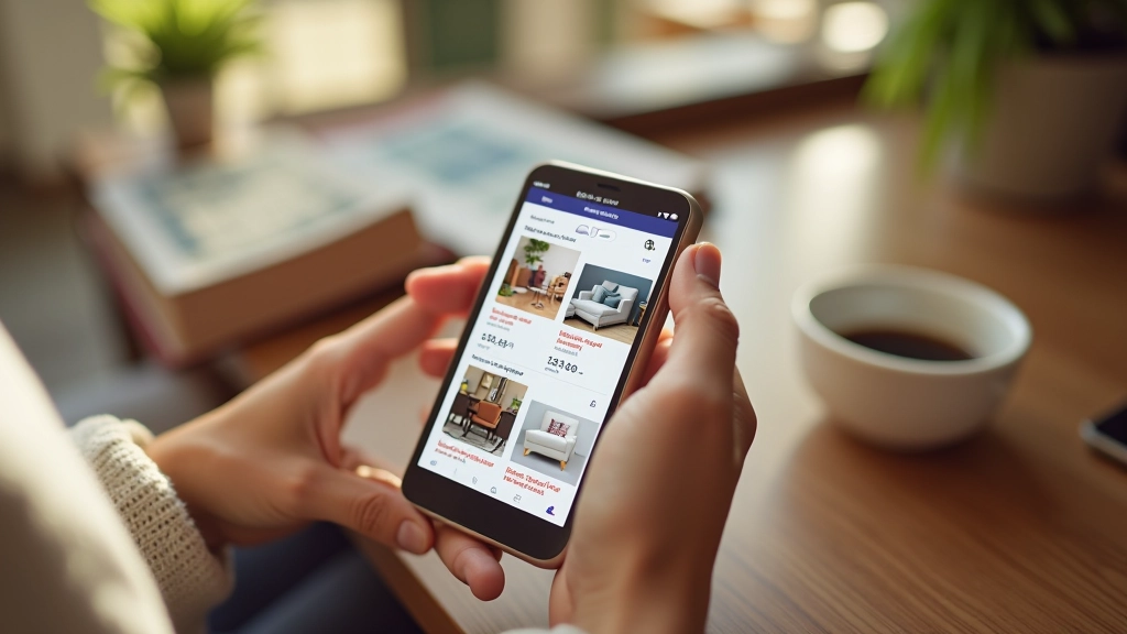 Téléphone mobile affichant l'application Le Bon Coin avec des annonces de meubles et électroménager