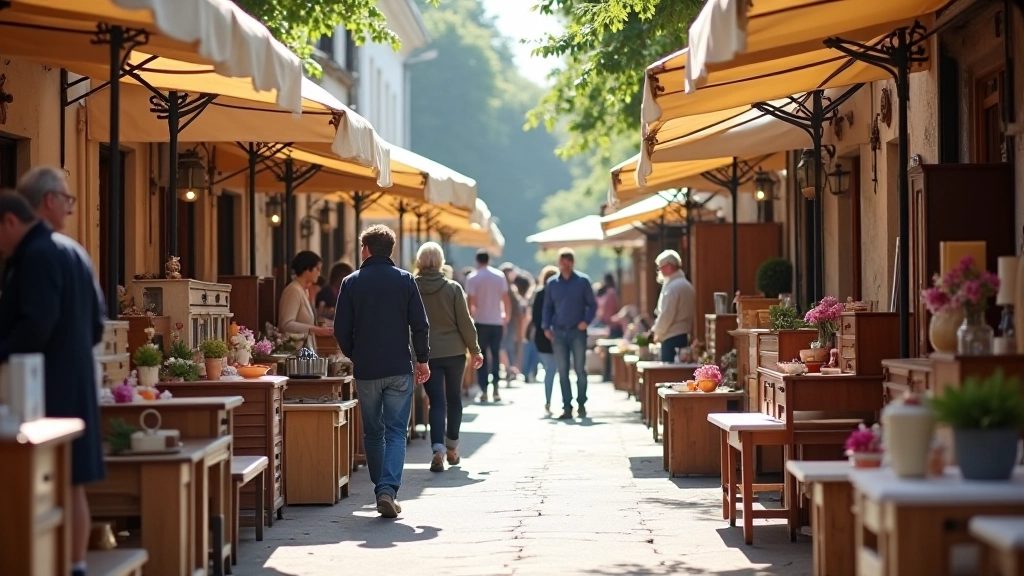 Scène d'un marché aux puces français avec mobilier d'occasion, électronique et vêtements de qualité exposés