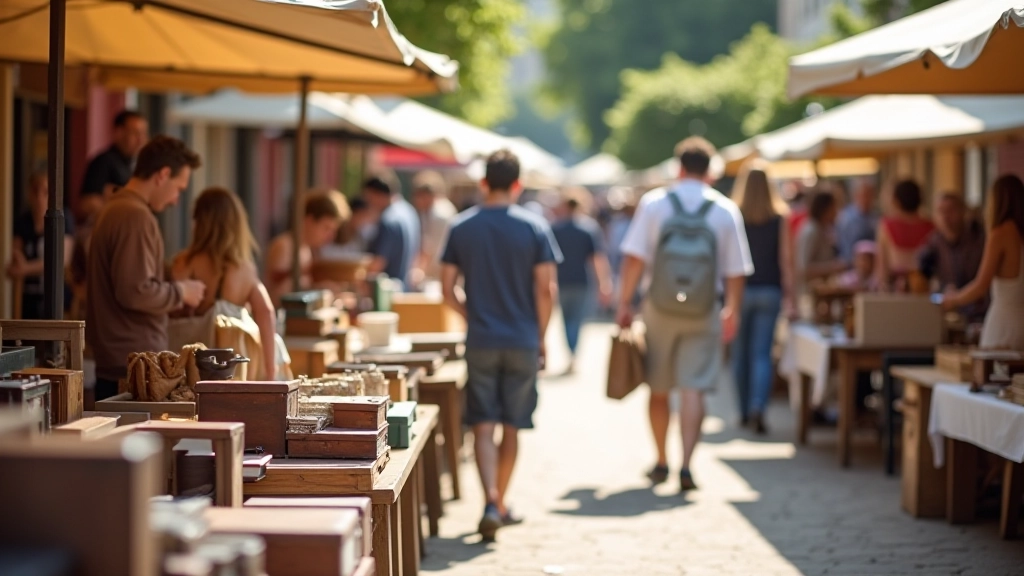 Visiteurs parcourant les stands d'une brocante en plein air par une journée ensoleillée, avec tables remplies d'objets variés