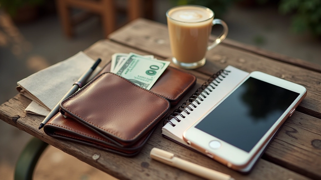 Porte-monnaie avec billets et pièces, carnet de notes, et téléphone posés sur une table de brocante, préparation pour les achats