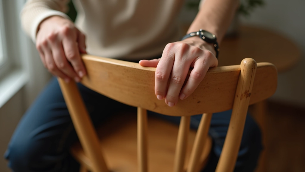 Test de stabilité d'une chaise vintage en bois, avec une main poussant sur le dossier pour vérifier la solidité des joints