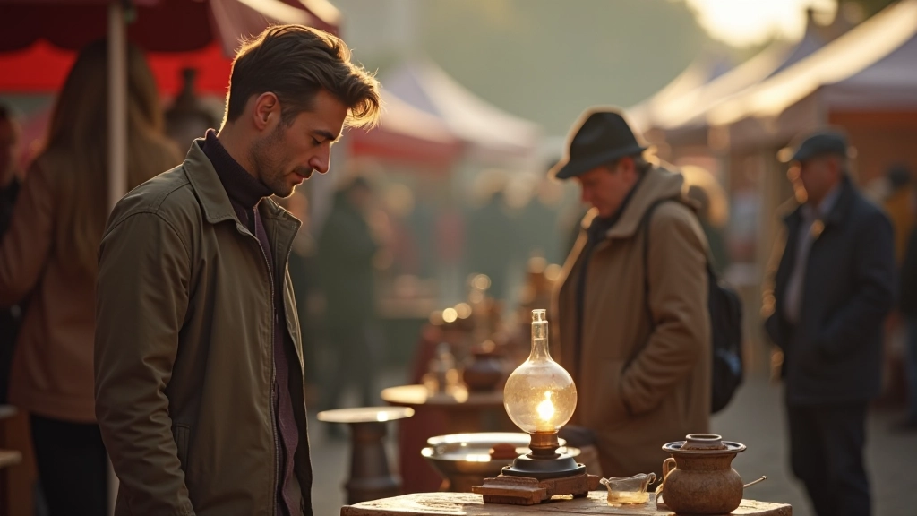 Visiteur examinant une lampe vintage sur une table de brocante en début de matinée, marché presque désert avec quelques stands en arrière-plan