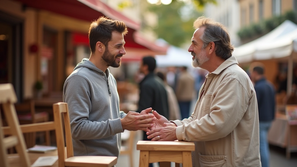 Deux personnes négociant le prix d'une chaise en bois à un stand de marché aux puces, ambiance conviviale avec d'autres objets autour