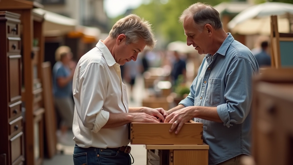 Conversation entre deux personnes au marché aux puces, l'une tenant un tiroir de meuble et posant des questions au vendeur