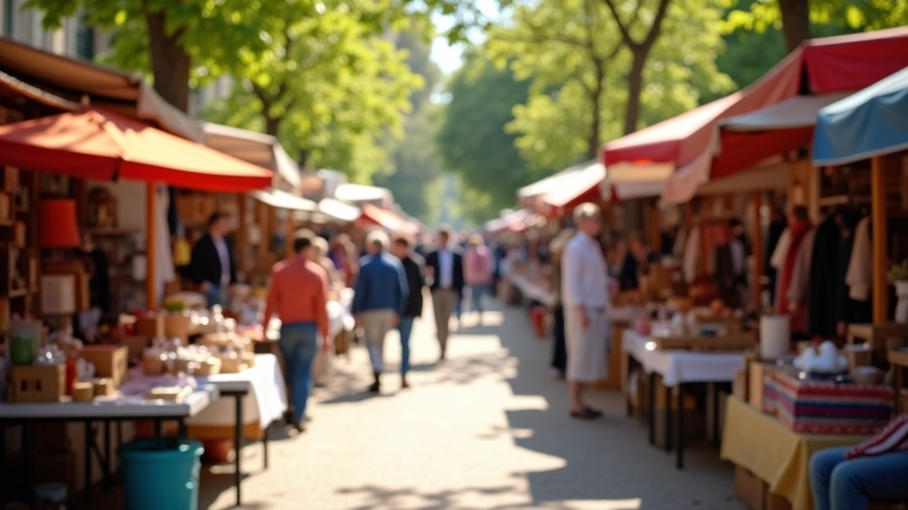 Femme parcourant les stands d'une brocante en plein air, cherchant des meubles et objets d'occasion de qualité