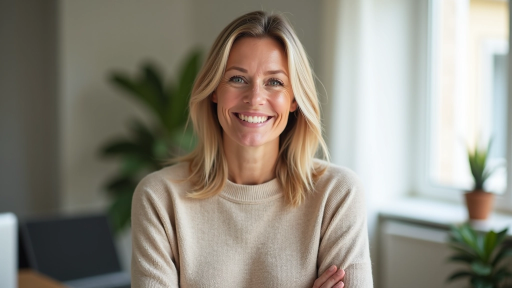 Photo d'une femme consultando son téléphone portable avec un sourire confiant, assise à un bureau clair et épuré