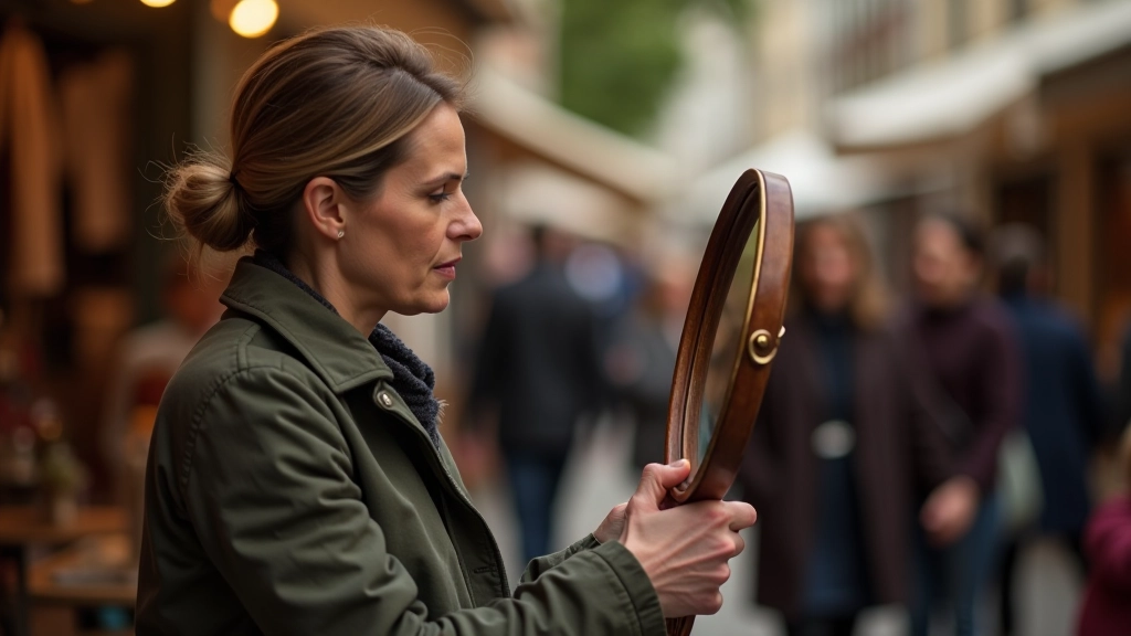 Femme tenant un petit miroir antique à la lumière pour l'inspecter, examinant attentivement la qualité d'un article à une brocante