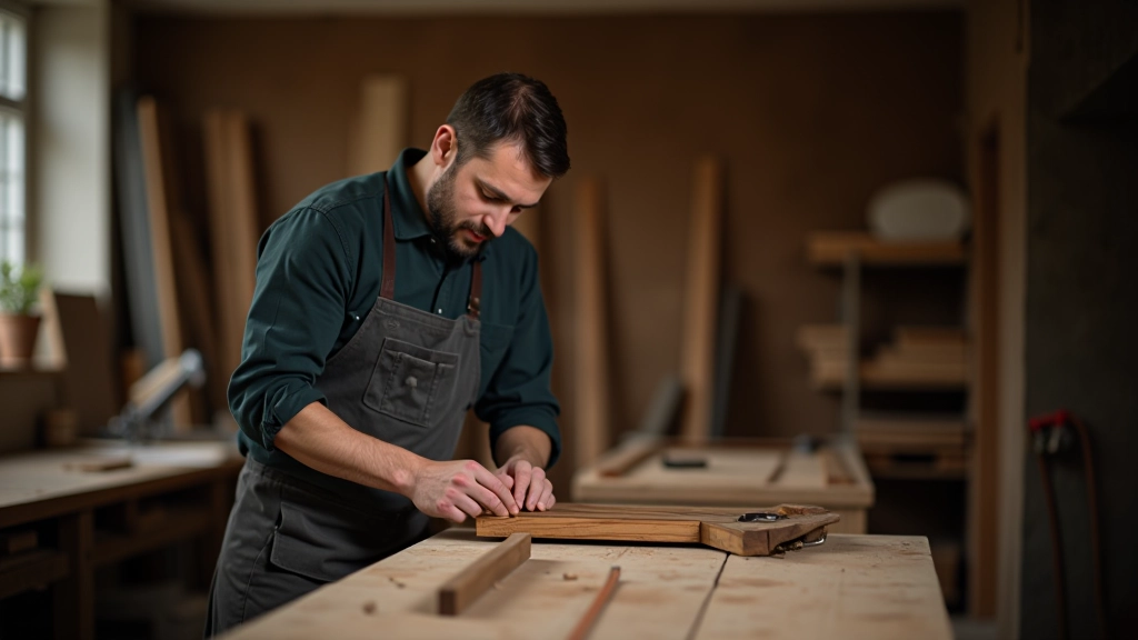 Menuisier professionnel travaillant sur la restauration d'un vieux meuble en bois, avec outils et produits de traitement visibles
